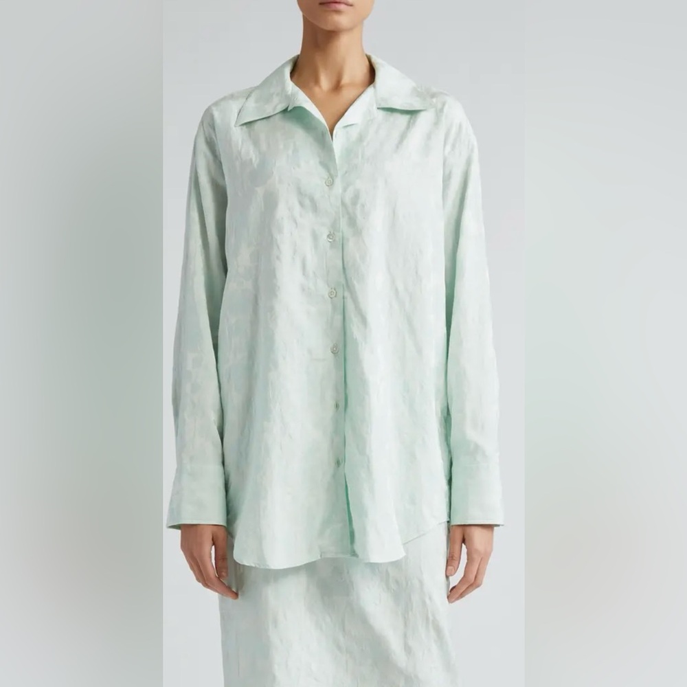 BITE Studios Floral Jacquard Organic cotton blend button up top Mint